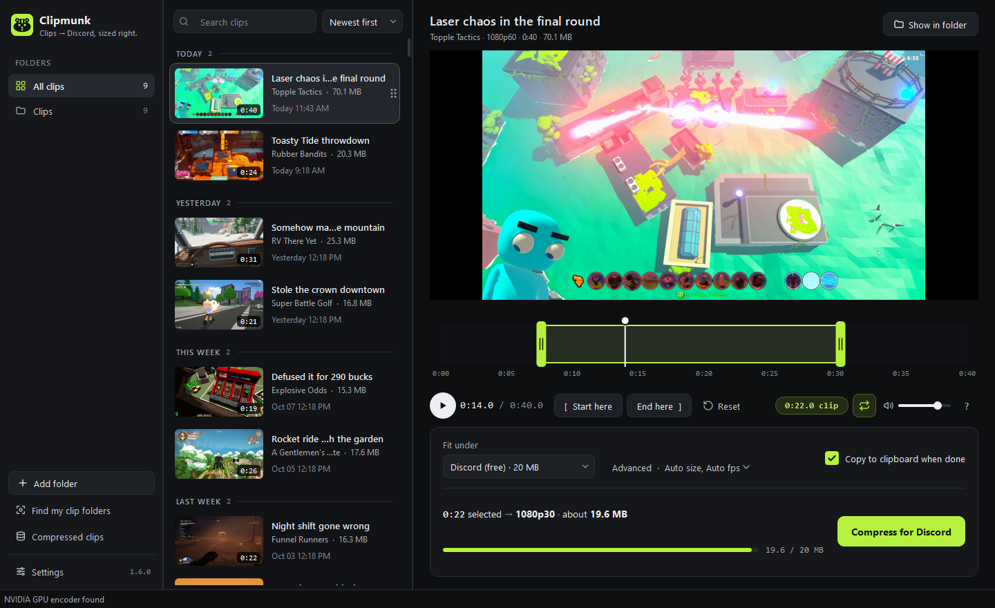 Clipmunk: clip list grouped by day, video preview, trim timeline and the 'Fit under 20 MB' compress card