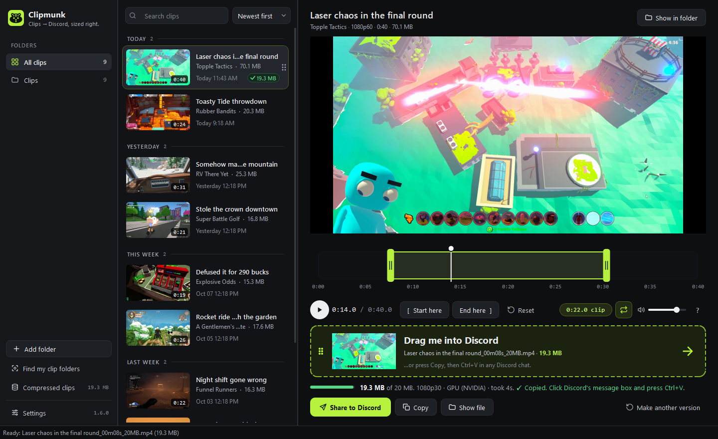 Finished clip: a 'Drag me into Discord' card with Share to Discord, Copy and Show file buttons